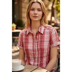 Alia Womens Plus Size 18 Red Pink Plaid Short Sleeve Button Down Blouse NWT